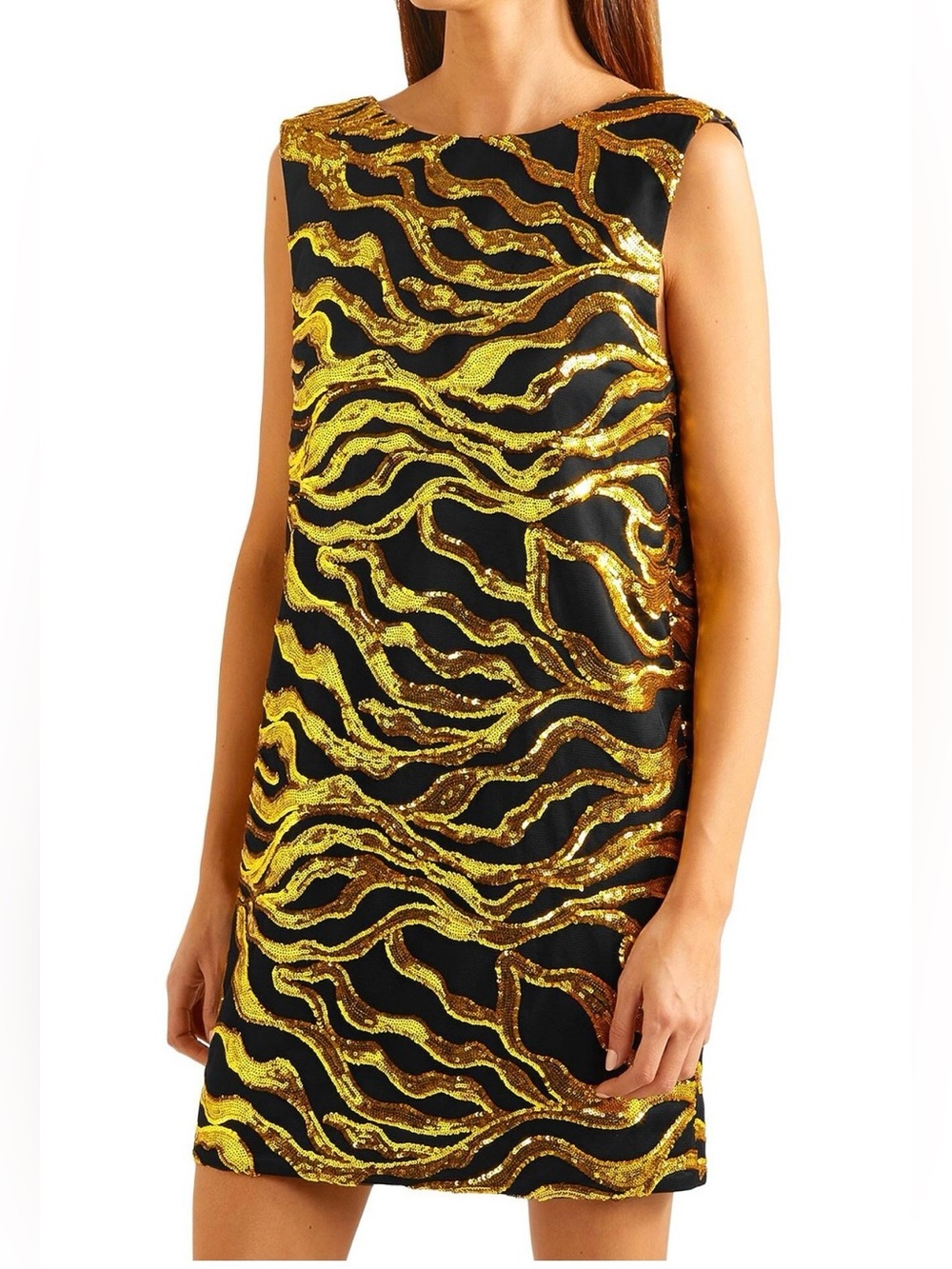 HALPERN Black Shift Dress with Gold Sequin Wave Pattern